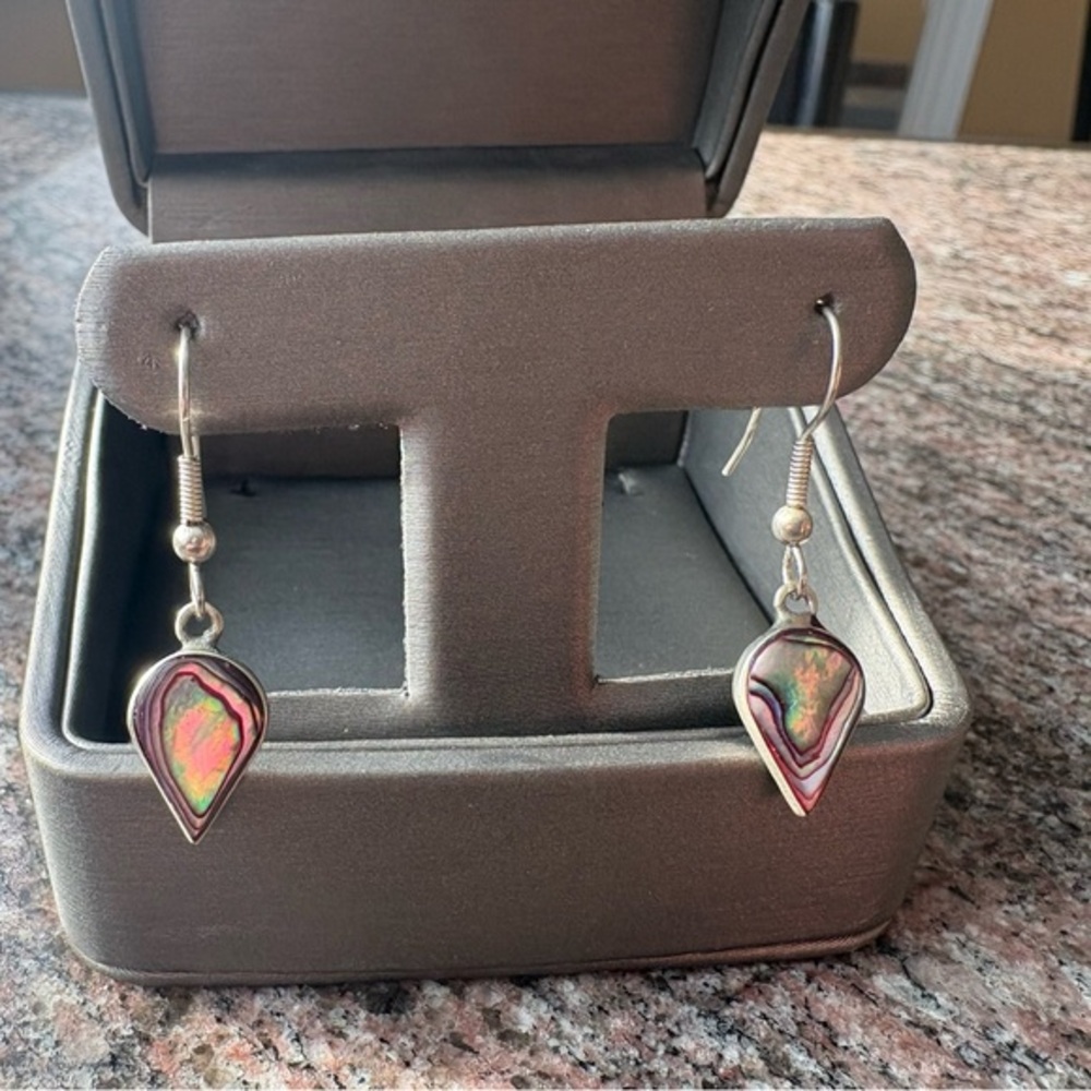 Silver Teardrop Earrings with Multicolor Abalone Inlay